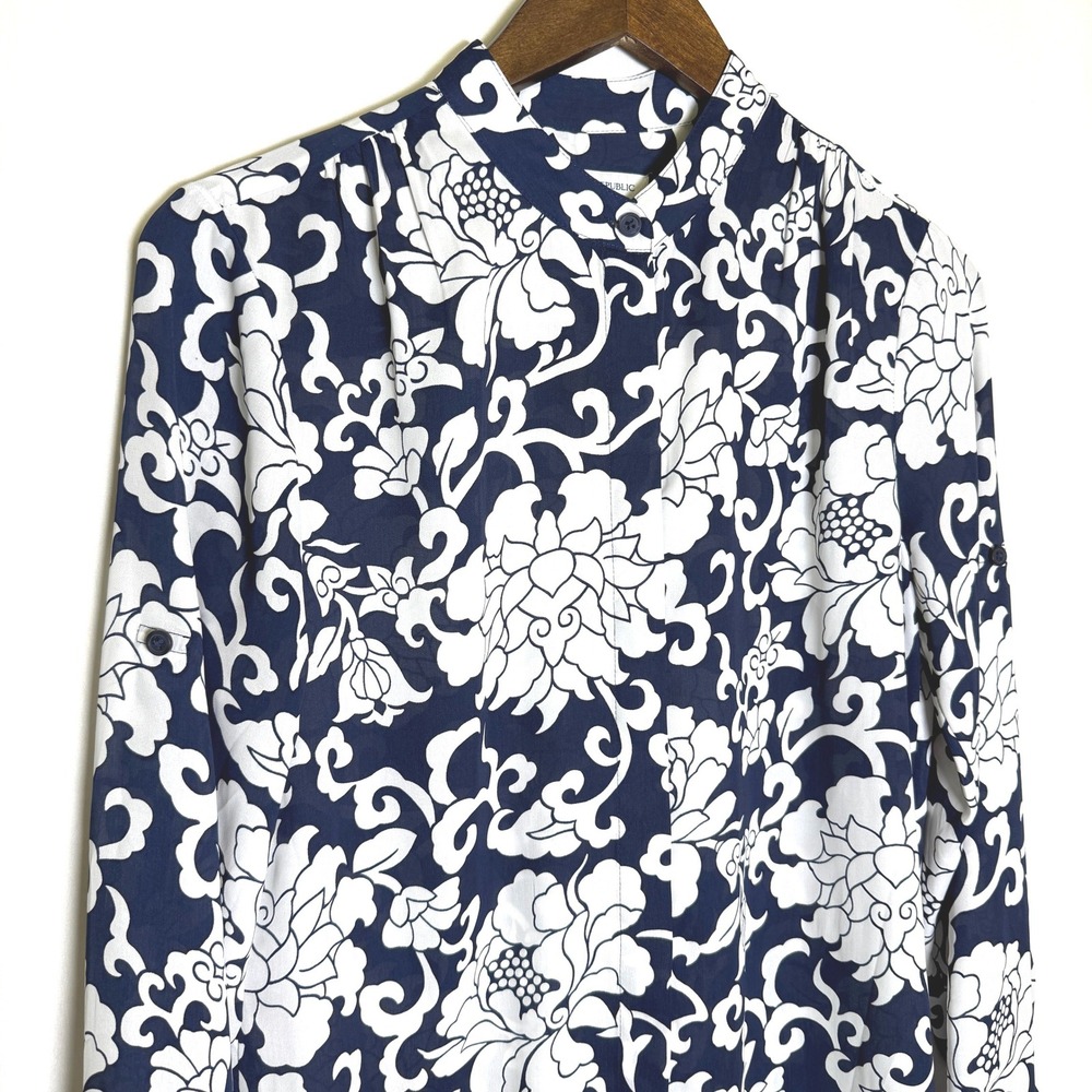 Banana Republic Navy White Floral Shirt Dress Band Collar Roll Tab Sleeve 4
